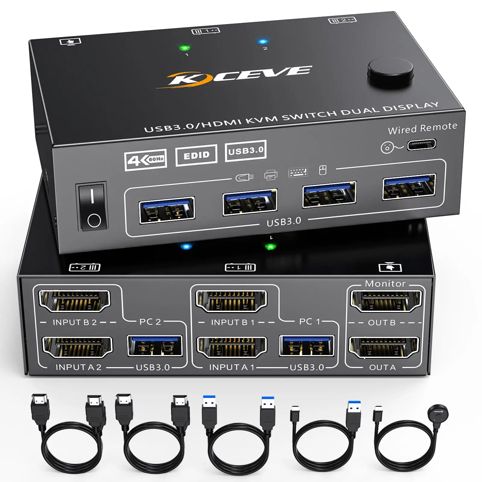 KCEVE-USB 3.0 KVM Switch, HDMI Dual Monitor EDID, Switcher de exibição estendido para 2 computadores, 2 monitores e 4 portas USB 3.0