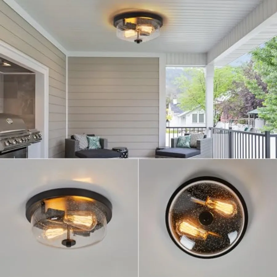Flush Mount Ceiling Light Farmhouse Outdoor Porch Light Fixtures With Seeded Glass Shade, for Kitchen Hallway Foyer