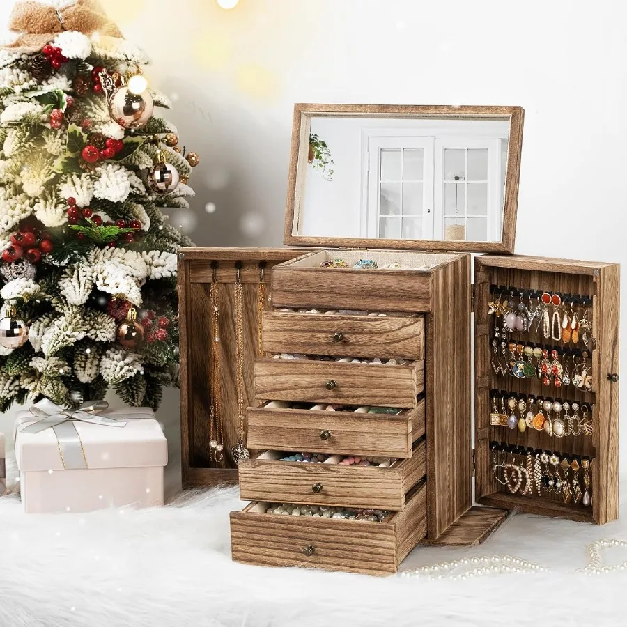 Wooden Jewelry Box for Women 6-Tier Large Jewelry Organizer Boxes with Mirror Rustic Solid Wood jewlery Storage Display for Rin