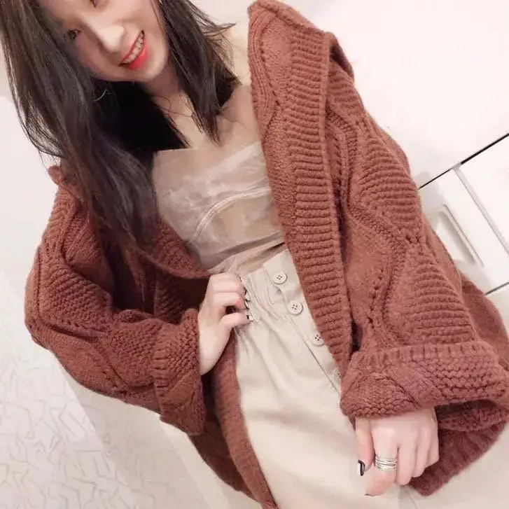 Autumn Winter Women Loose Knitted Cardigan Thin Hair Jacket Fashion Korean Sweater Female 2023 Ball Hat Wild Knit Coats Pink