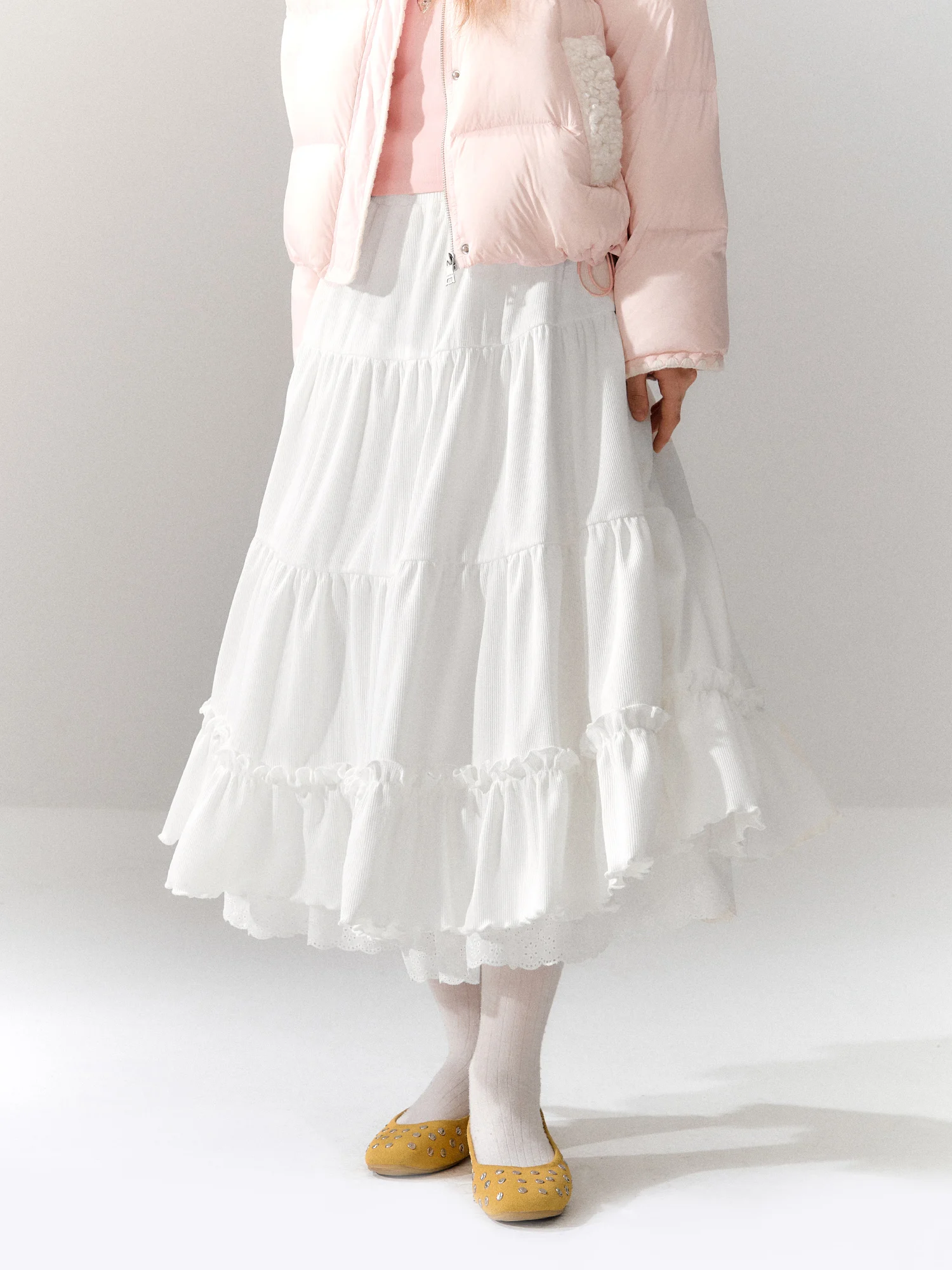 White Lace Trim Corduroy A-Line  Skirt Women's Autumn Winter New Style Korean Version Slimming Cake Skirt Soft Comfortable