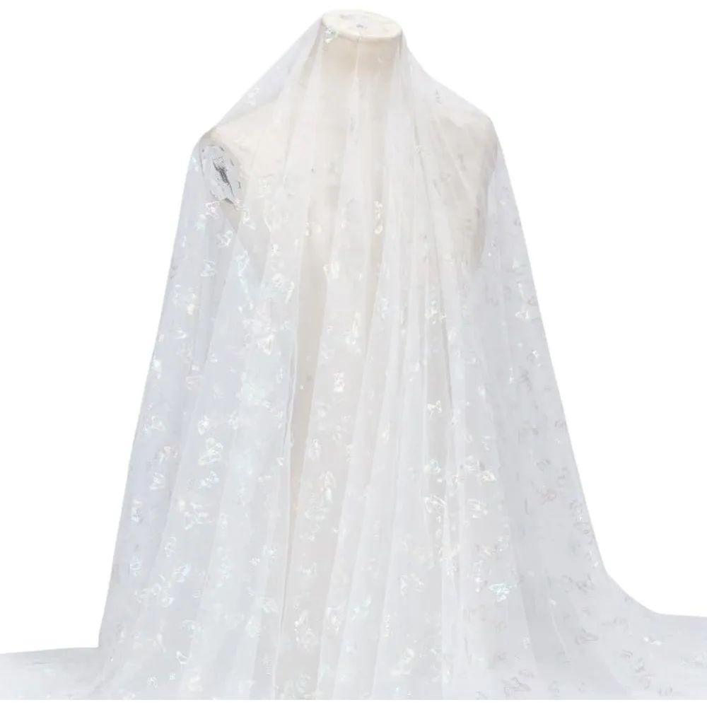 

2 Yards White Butterfly Lace Fabric 63 Inch Shiny Butterfly Foil Mesh Tulle for Tutu Skirt Dress Gown Veil Curtain Gift Wrapping