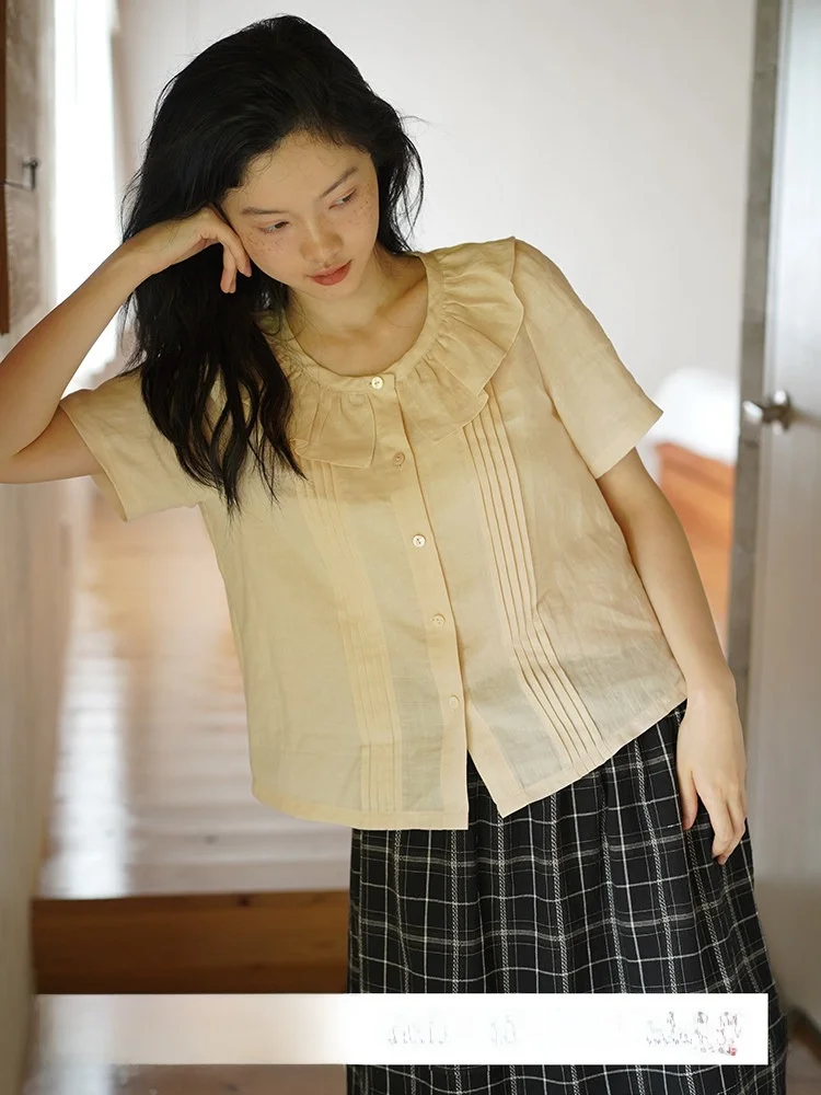 

Летняя женская блузка с коротким рукавом и воротником из тафты, уникальный шелковый топ, дышащий, комфортный, из тонкой ткани