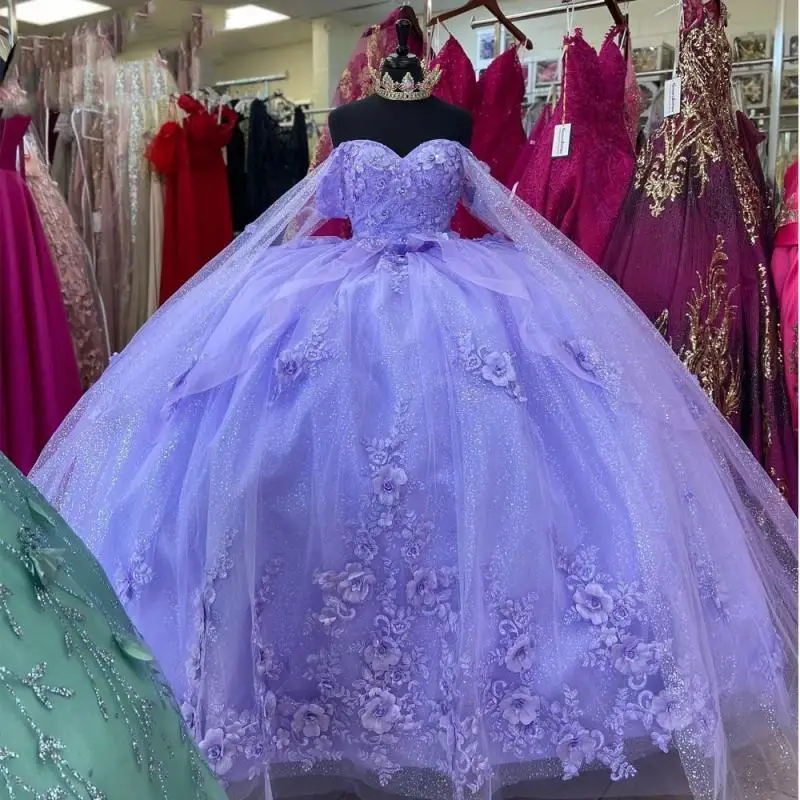 

Lavender Quinceanera Dresses For 15 Years Old Party 3D Flower Cinderella 16 Princess Gowns With Wrap Customized