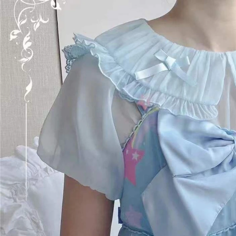 Lolita doce gola arco camisa harajuku vintage ver através grunge blusas de fadas 2025 verão y2k estética babados bonito topos