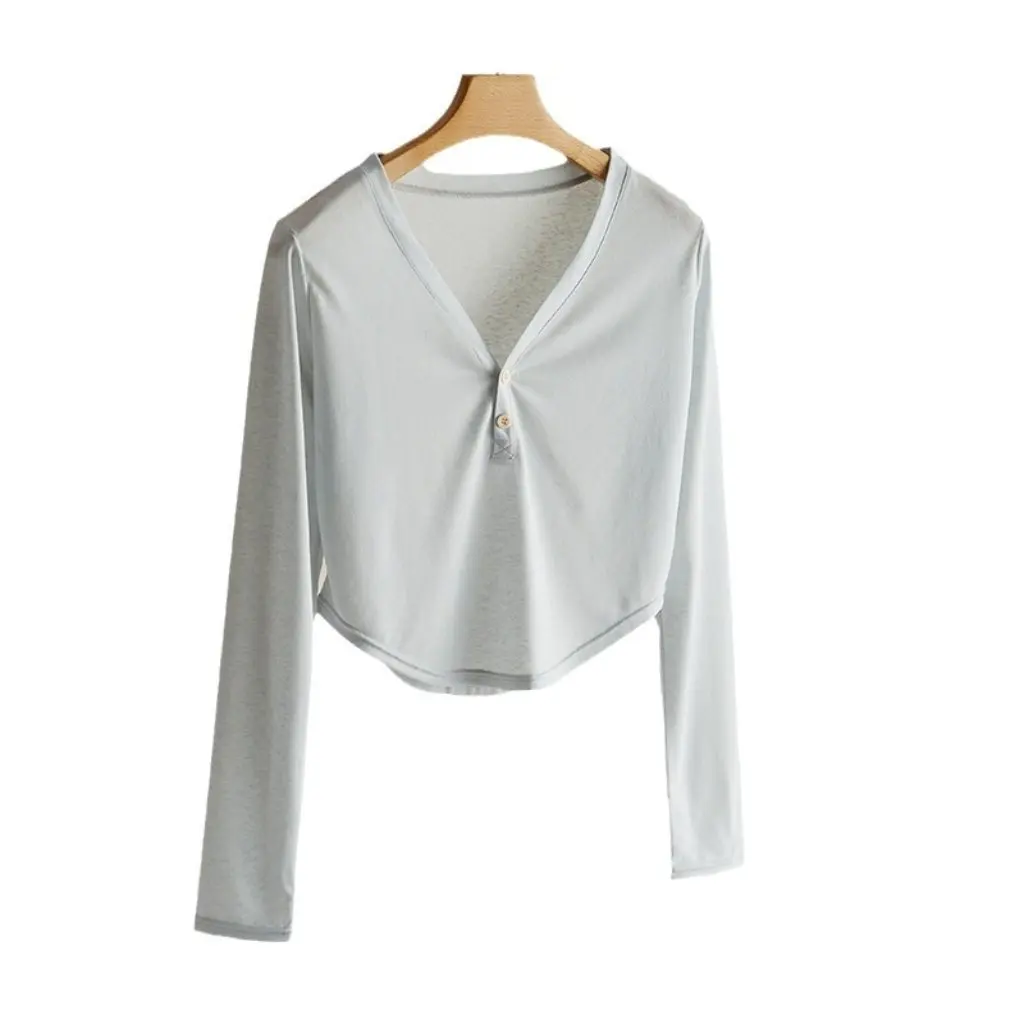 

Summer Cool White T-shirt V-Neck Long Sleeve Loose Blouse for Korean Style Hot Girl Bottoming High-Quality Top for Women