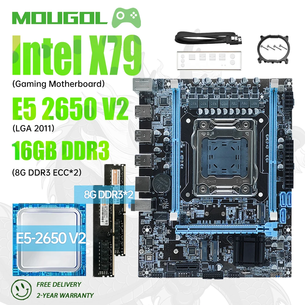 MOUGOL X79 Gaming Motherboard Set with Intel Kit Xeon E5 2650 V2 LGA 2011 CPU Dual-channel DDR3 8GBx2  RAM for Desktop Computer