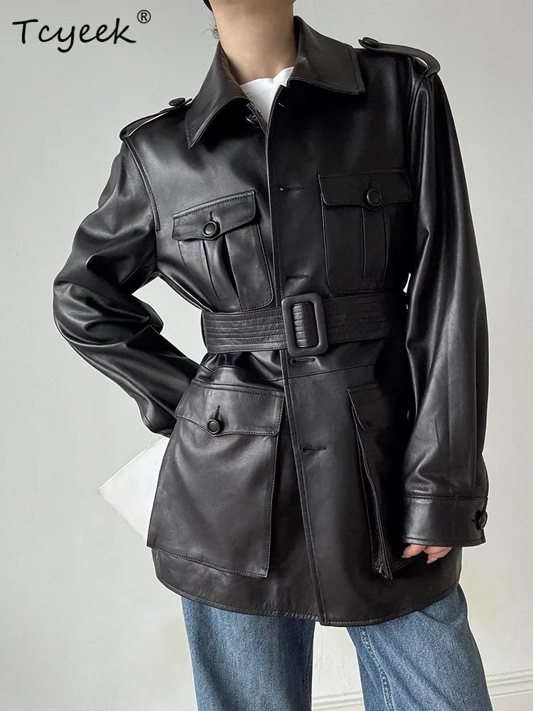 Tcyeek Genuine Leather Jacket Women Autumn Clothes Real Sheepskin Coats Woman Belt Mid-length Trench Coat Semi Vegetable Tanning