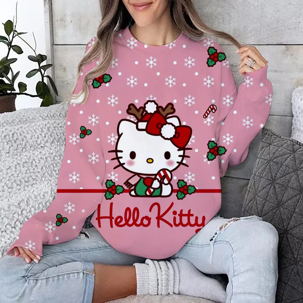 Autumn Fun Print Long Sleeve Top 2024 New Cartoon Disney Cute Hello Kitty Ladies Sweatshirt Crew Neck Loose Pullover