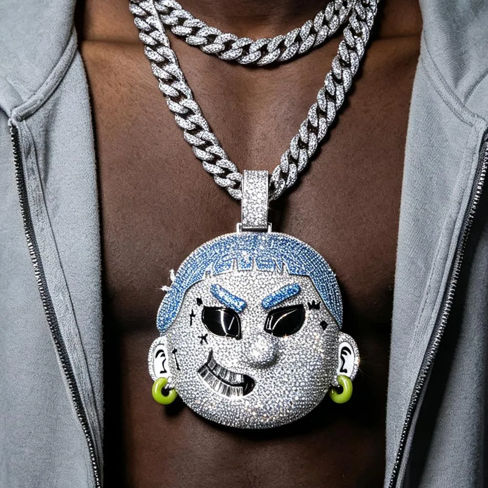 Sparkling Character Pendants Blue Hair Iced Out Pendant Hip Hop Full Pave Necklace Accessories Party Rapper Jewelry Gift for Men