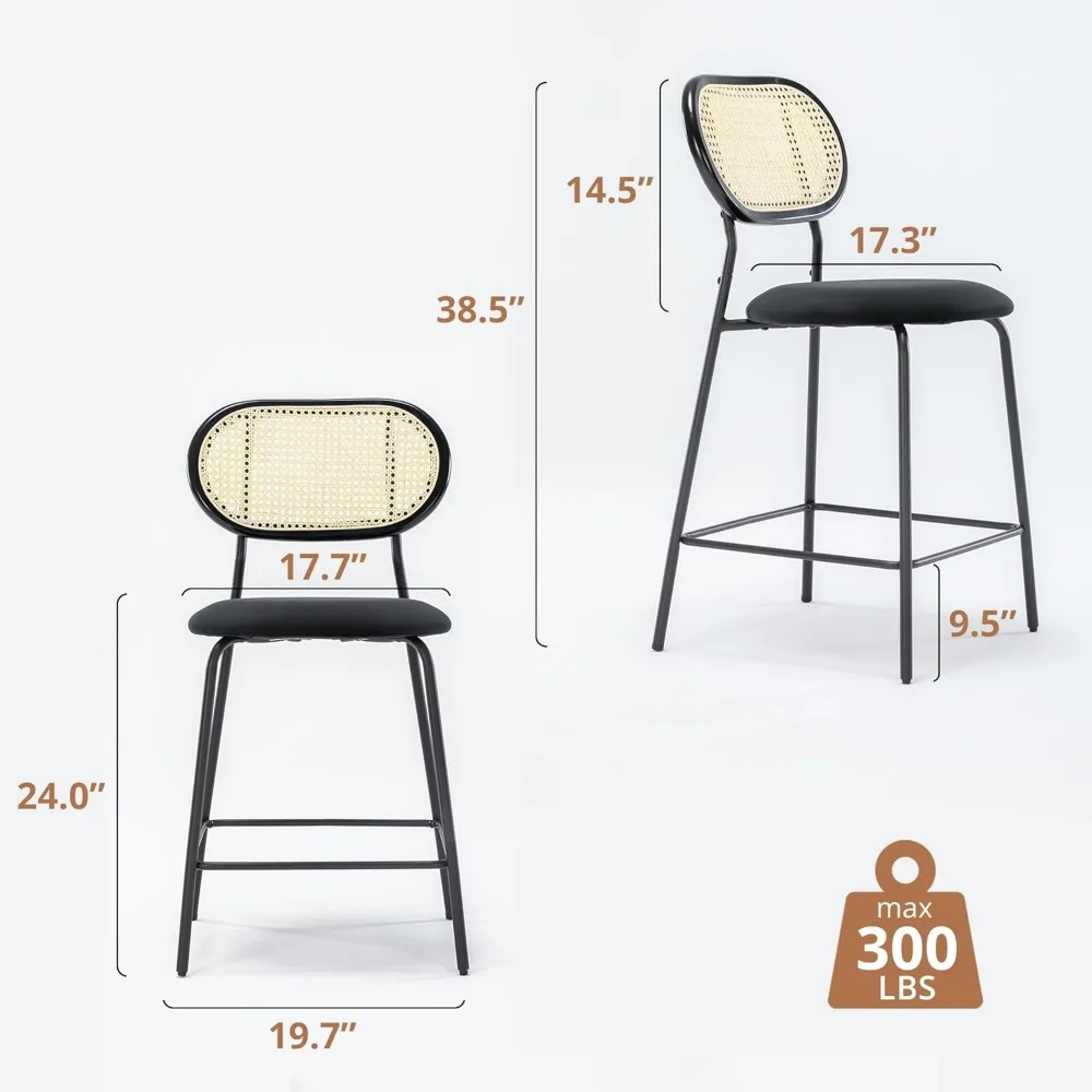 Velvet Bar Stools Set of 2,Rattan and Wood Backrest with Metal Legs,Modern Upholstered Round seat Chair Counter Height Barstools