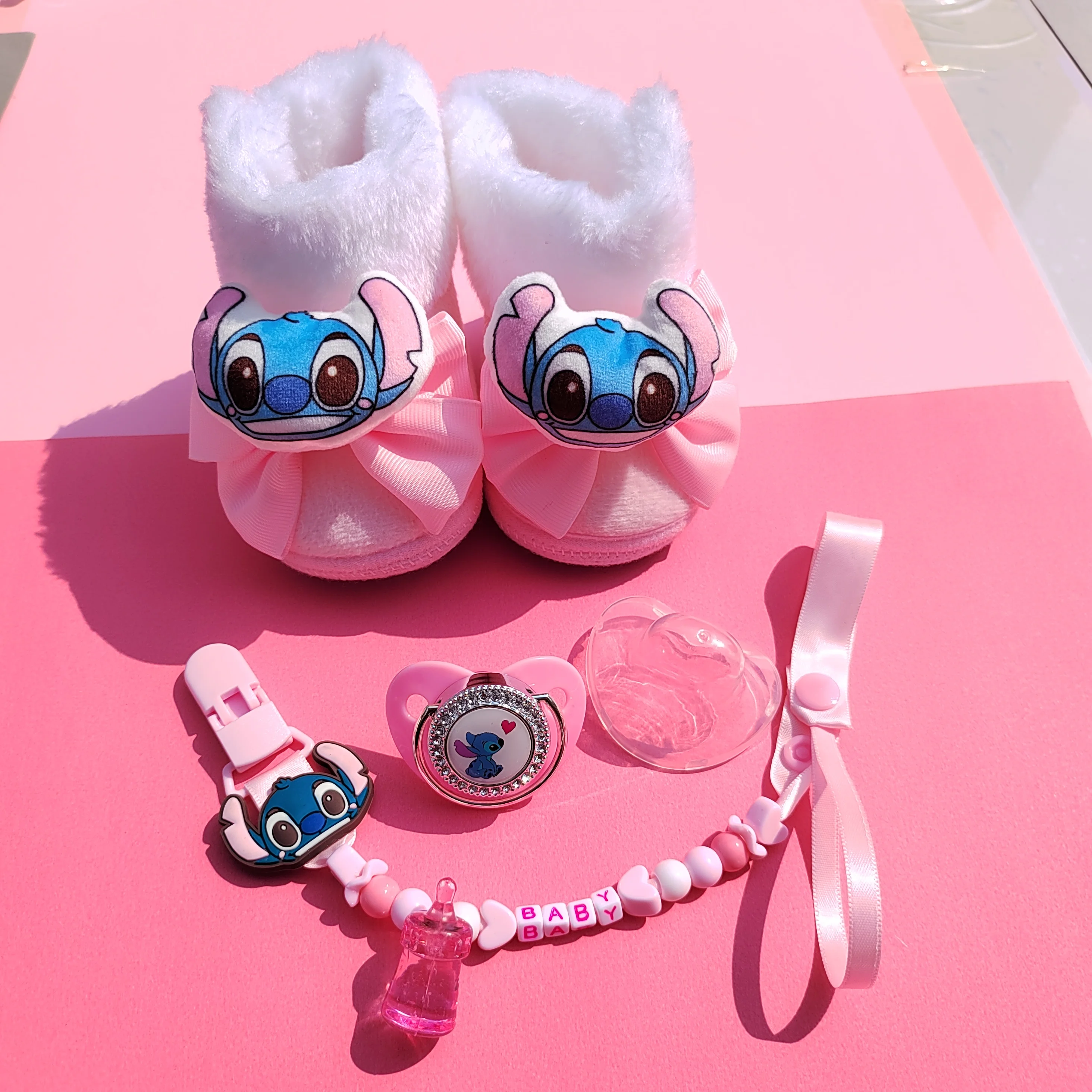 [Disney Stitch] Baby Pacifier Chain Clip Newborn Boots Combination Luxury Bling Pacifier Silicone dummy Pacifier Chupeta 0-12M