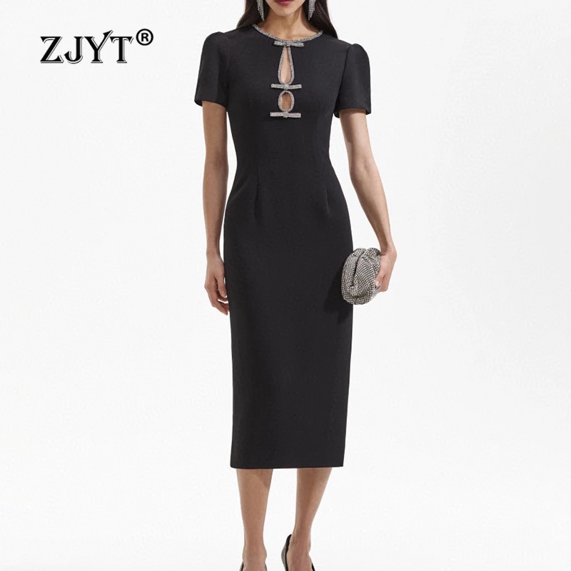 

ZJYT Runway Fashion Women's Summer Dress 2024 Elegant Midi Vestidos Para Mujer Beading Bowknot Short Sleeve Black Party Dresses