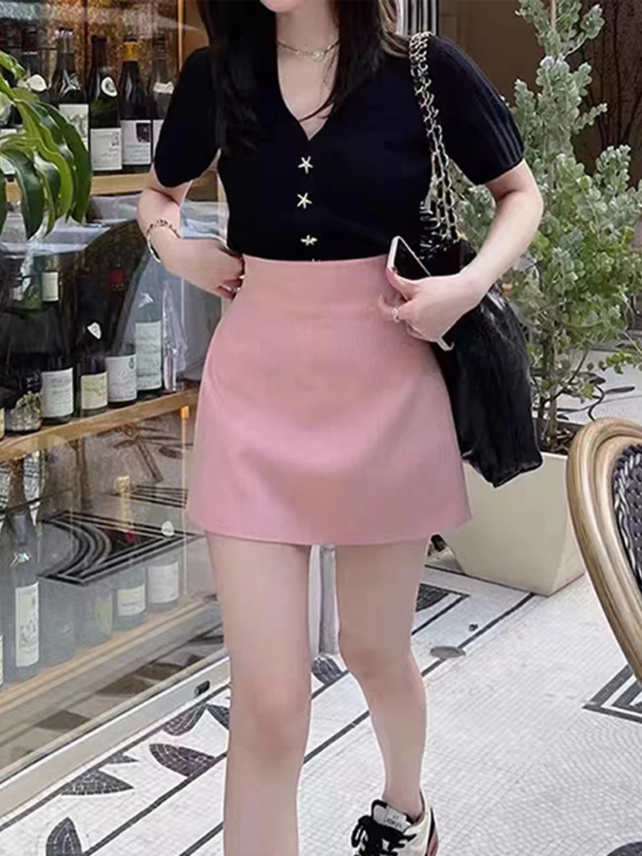 

Summer New Simple A-Line Skirt Women's Universal High Waist Pink Half-length Skirt Commute Style with Inner