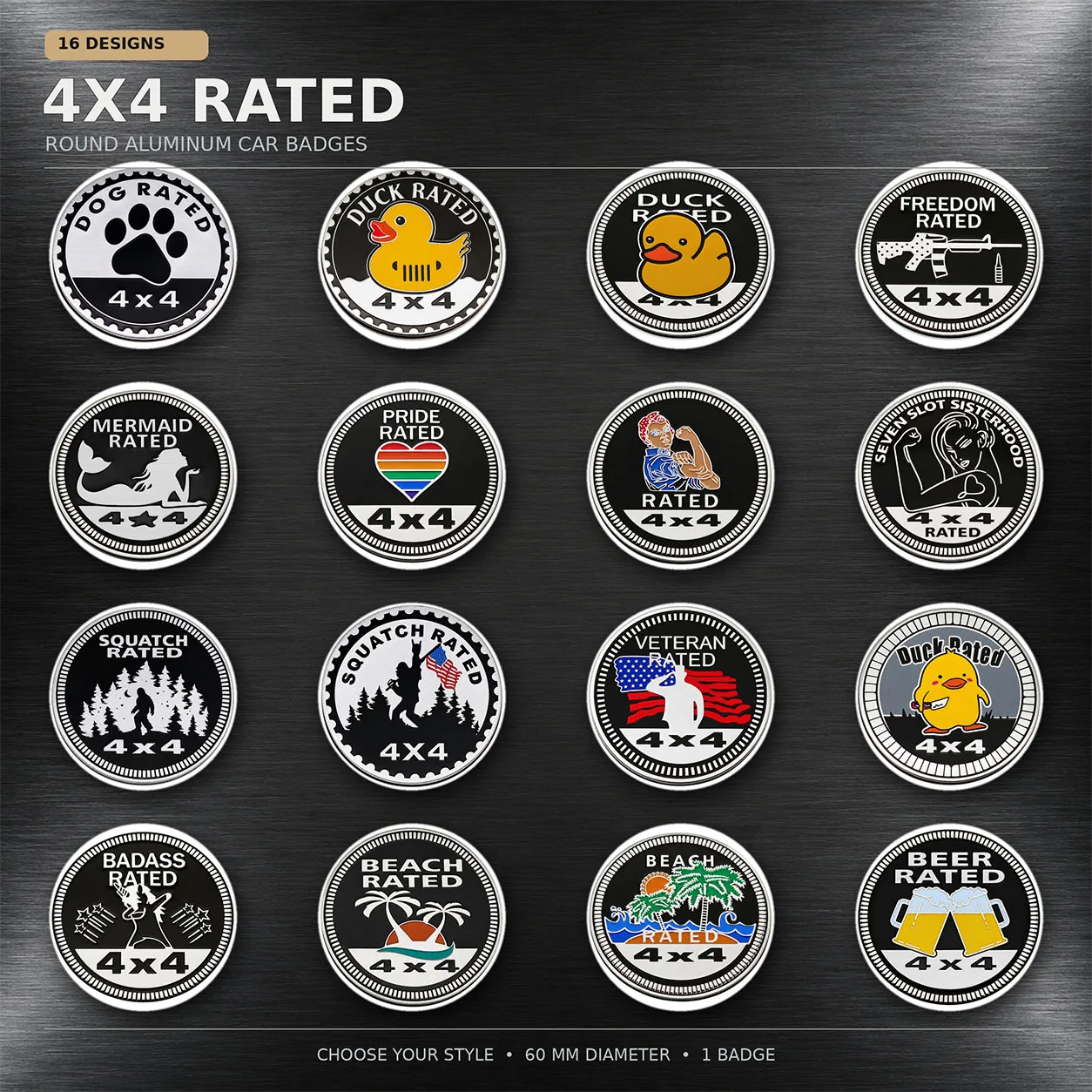 4X4 Rated Round Aluminum Car Badge Sticker 60mm Universal Self-Adhesive Emblem for SUV Off-Road Body Tailgate, 16 Unique Designs