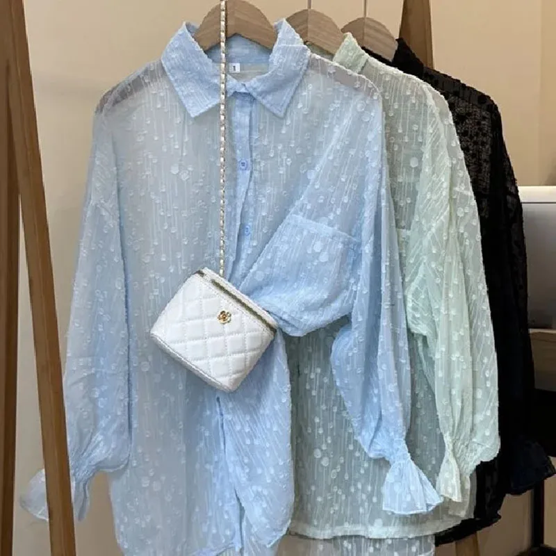 

Ladies New Sunscreen Long-Sleeved Cardigan Thin Coat Spring Summer New Shirt Loose Versatile Lapels Single-Breasted Simple Tops