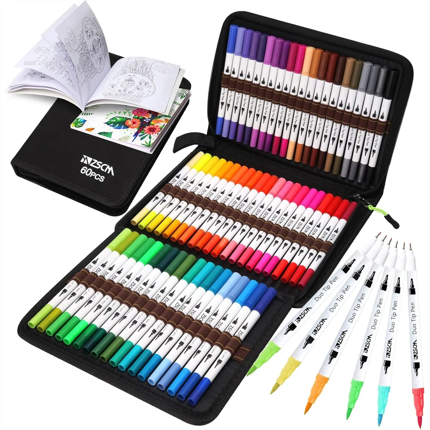 

60 Colors Duo Tip Brush Markers Set Fine Brush Tip Artist Drawing Pens With Coloring Book for Adult Sketching Journal Planner Gifts