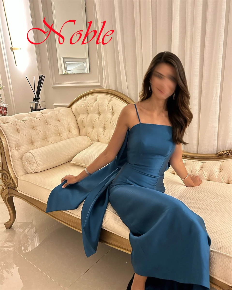 

Customized Simple Blue Satin Evening Dress Classic Square Collar Spaghetti Straps Sleeveless Bow Back Slit Homecoming Dress