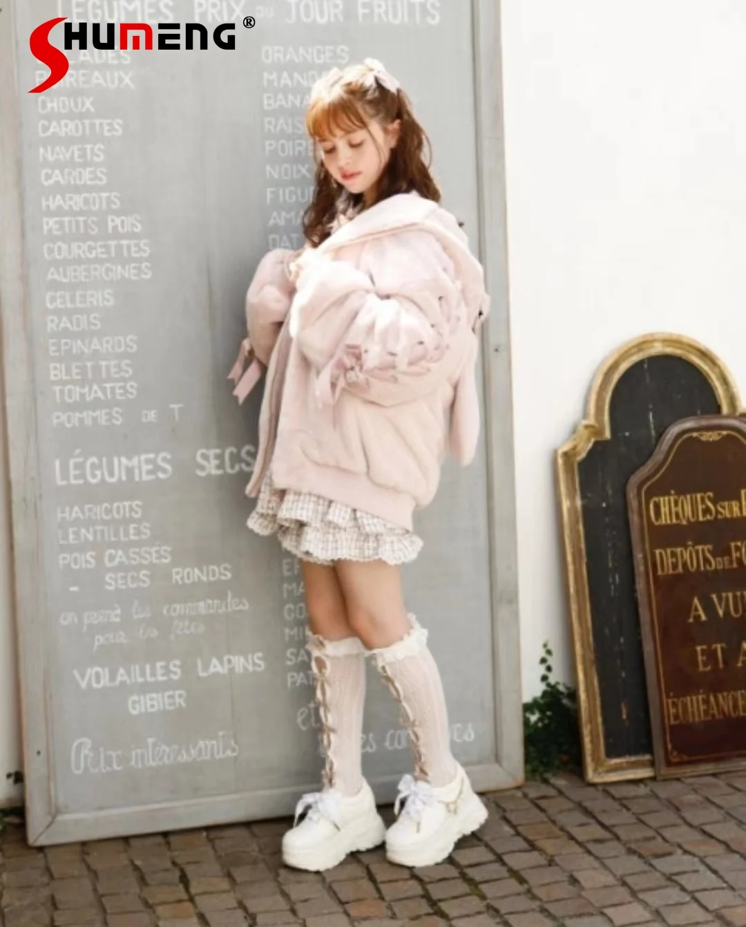 Cute Mine Series Fluffy Zipper Rabbit Ears Midi Coat 2023 Autumn Winter New Japanese Sweet Mass-Produced Hooded Faux Fur Jacket