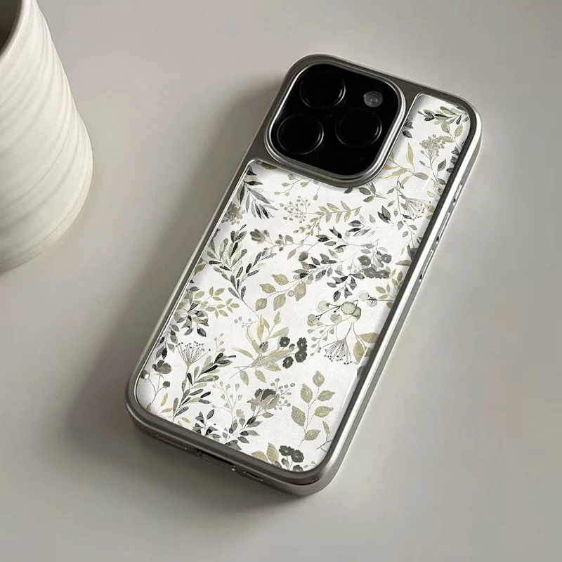Ins Klassische Aquarell-Blumen-Hydrogel-Rückplatte, silberner Rand, stoßfeste Handyhülle für iPhone 17, 16, 15, 14 Pro Max