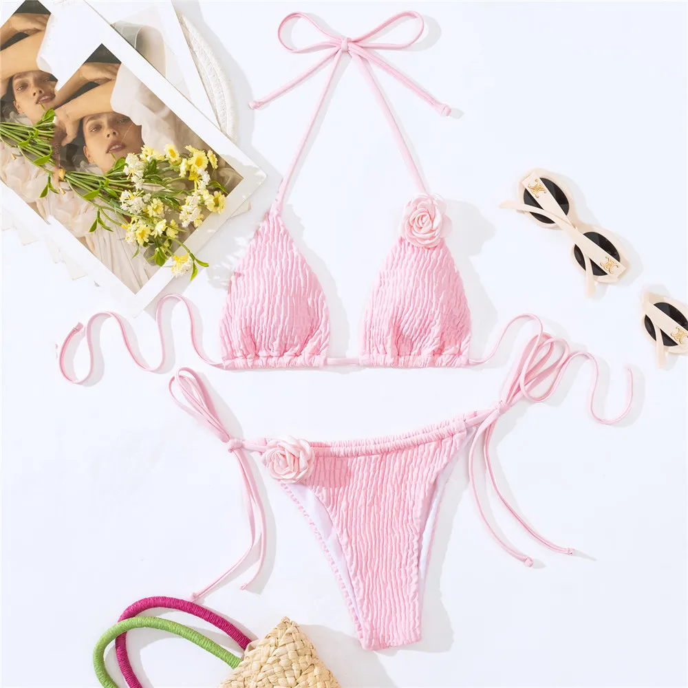 Sexy 3D Flower Micro Bikinis Set Mujer Wrinkled Swimwear 2024 Woman Mini Thong Swimsuits Strój kąpielowy Biquinis Feminino Bather