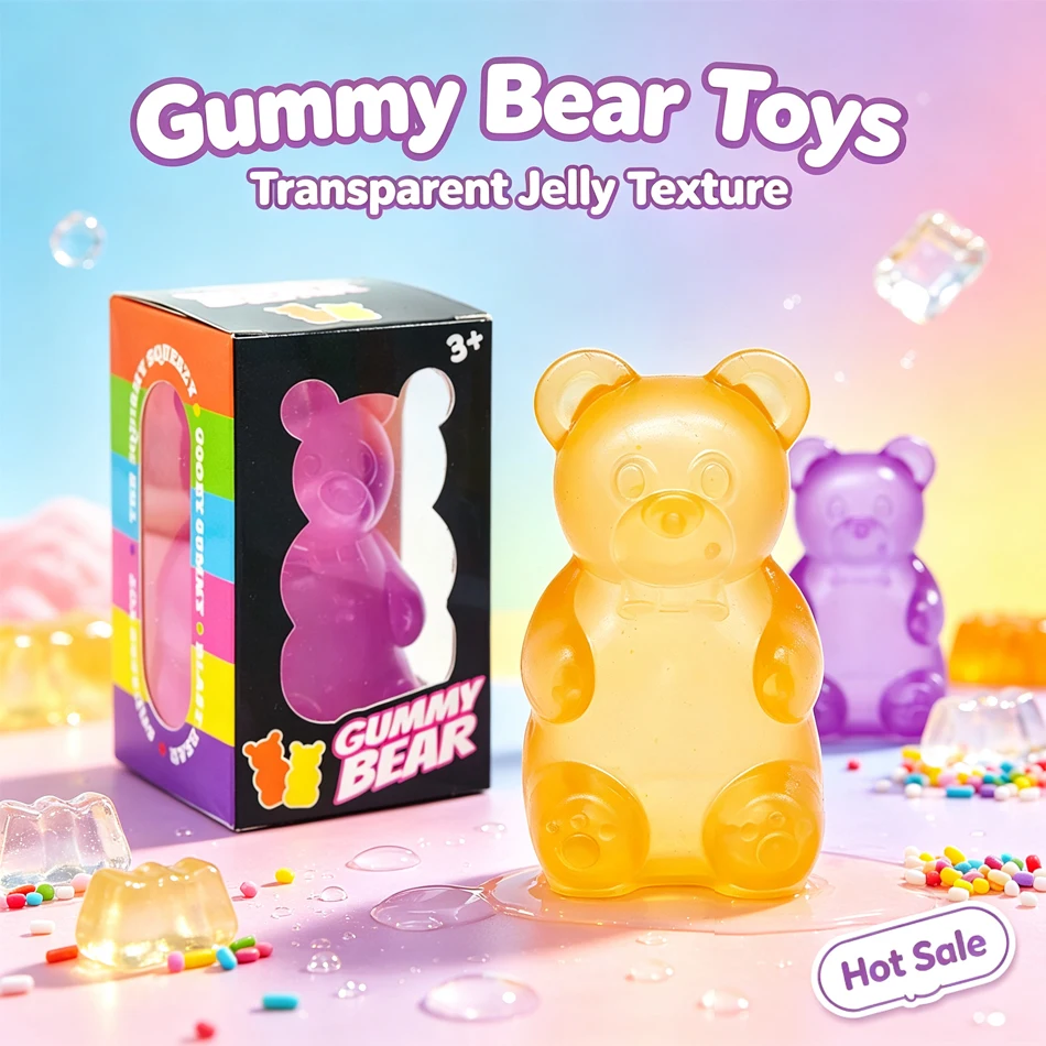 Cute Transparent Gummy Bear Squishy Toy Soft Jelly Stress Relief Squeeze Fidget Toy Colorful Bear Sensory Toy