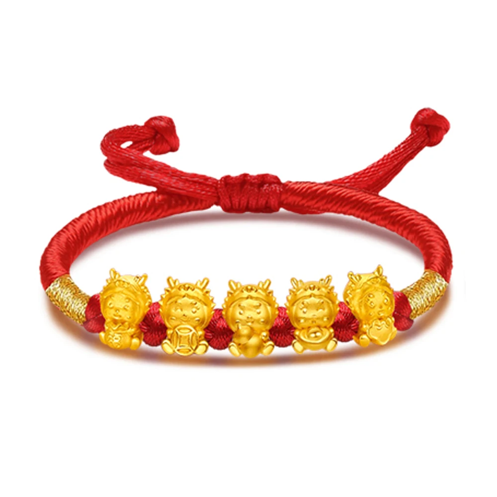 

999 Pure 24K Yellow Gold Bracelet For Women 3D Zodiac Five Dragon Handmade Amulet Red String 16-18cm Length