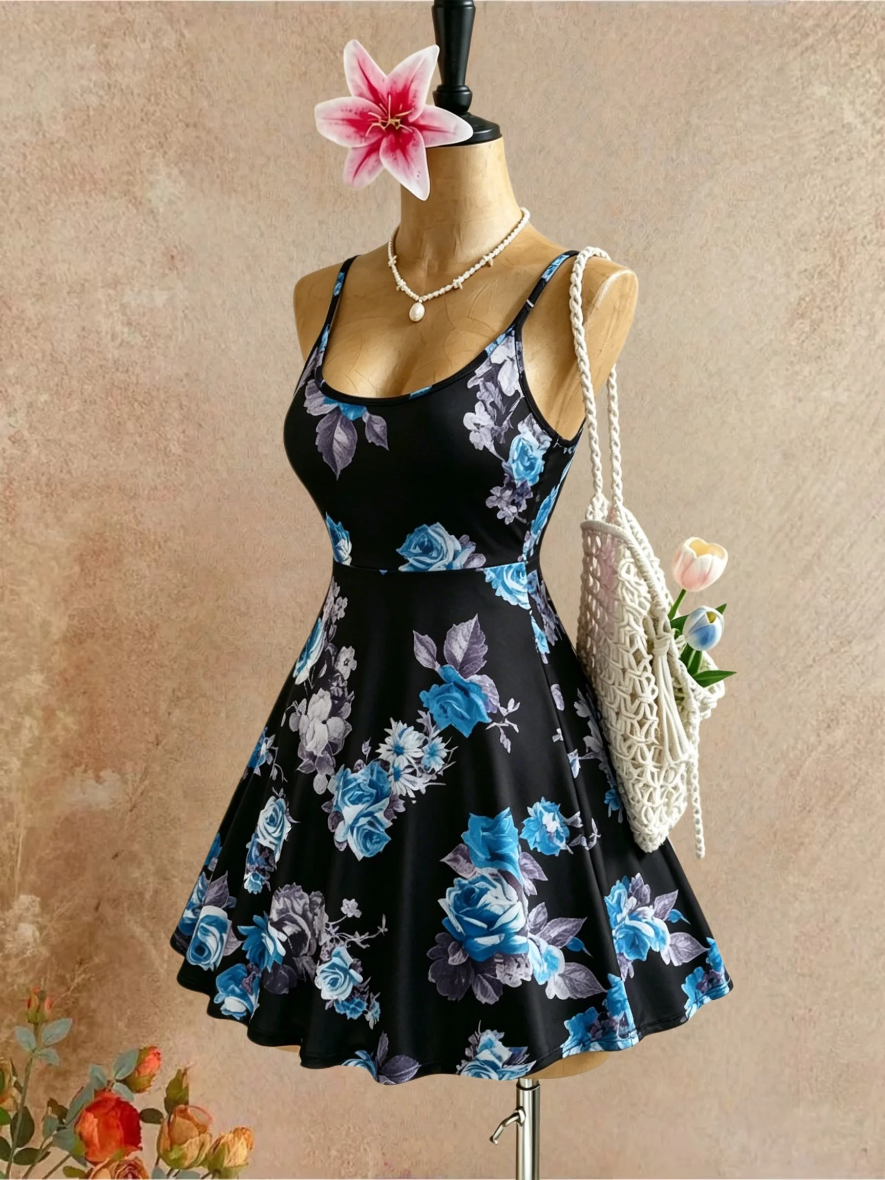 Plus Size Women Spaghetti Strap U Neck Blue Floral Print High Waist Swing Mini Dress 2026 Summer Y2K Black Background Sleeveless view 5