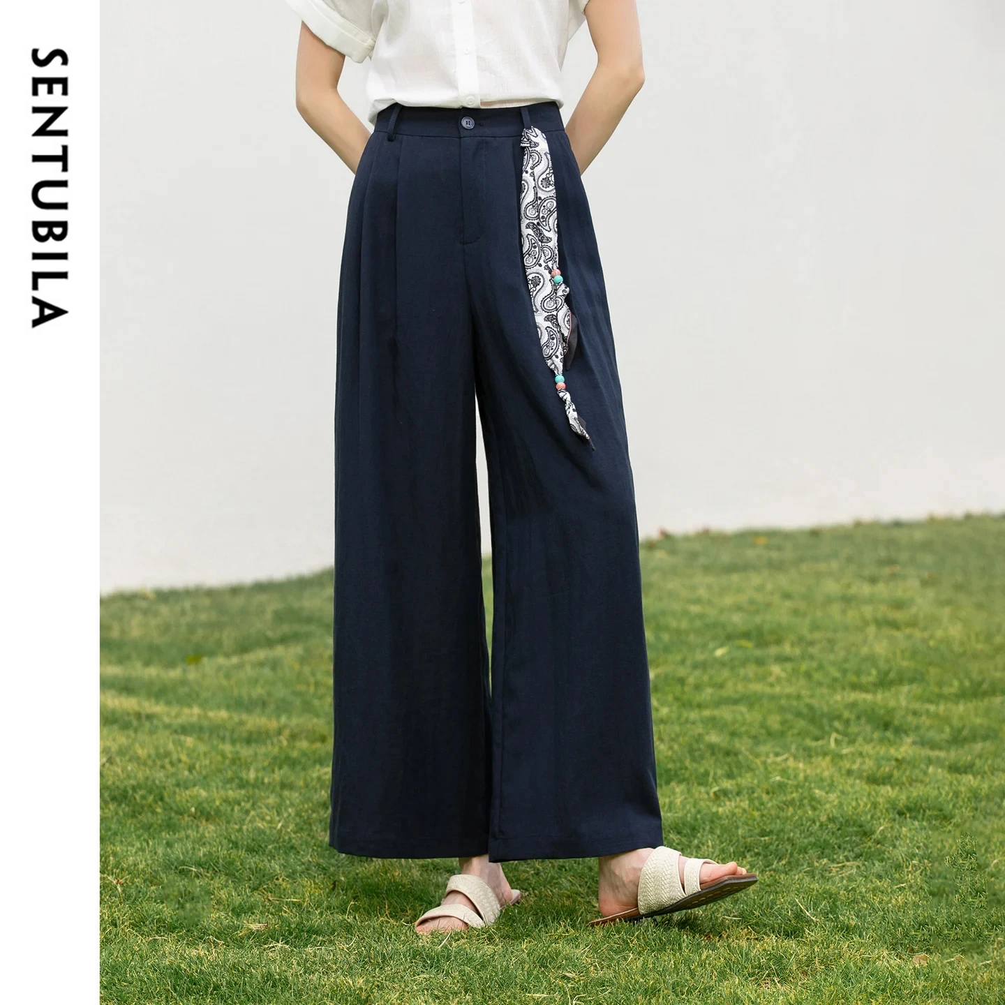 

SENTUBILA Women's Minimalist Wide Leg Pants 2026 Summer New Pleated Detachable Print Scarf Office Casual Cropped Pants 162KD4227