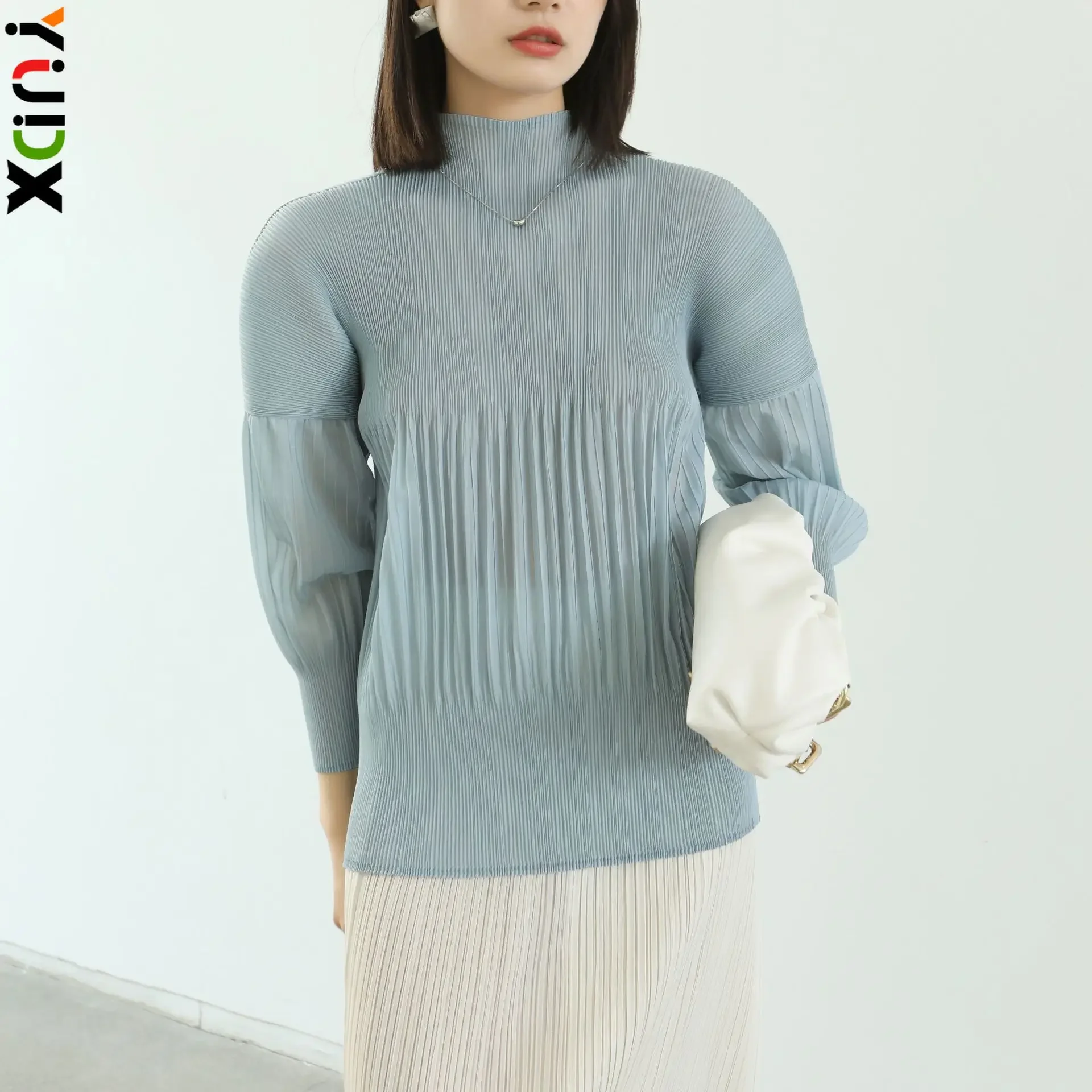 Miyake Pleated High Quality Women Long-sleeved Tops Casual Versatile Fashion Solid Half Turtleneck T-shirt 2024 Early Spring New