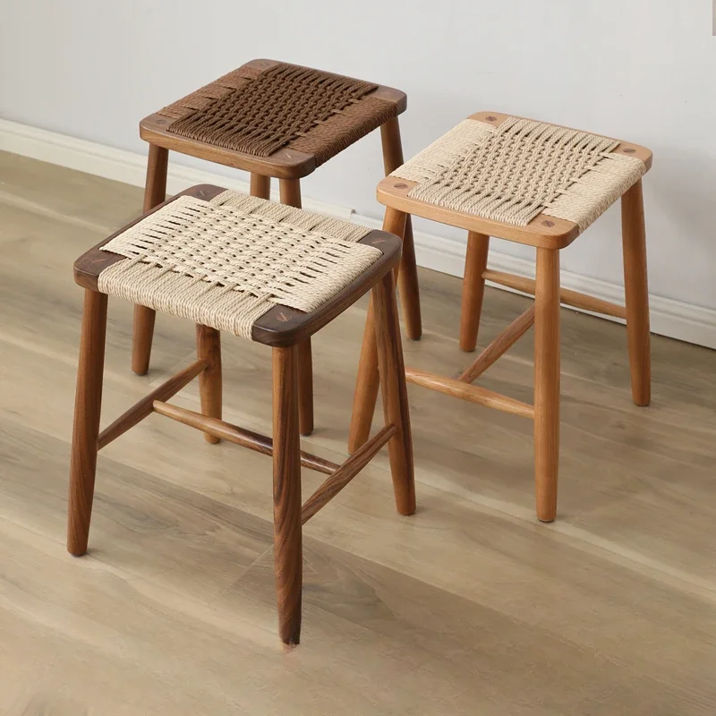 

Nordic solid wood rattan woven square stool, cherry wood color bar stool, dressing stool, shoe stool, high foot dining chair