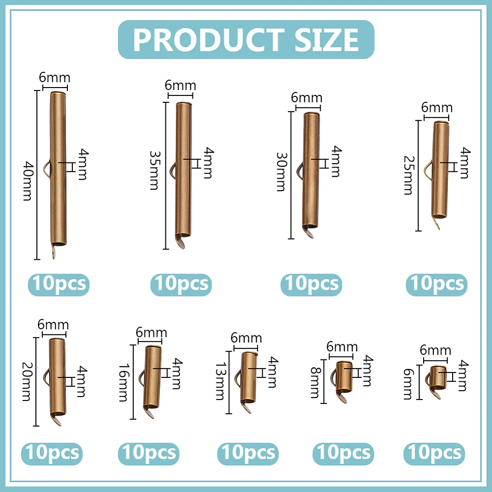 90 Pcs 9Size Slide On End Clasp 6-40mm Brass Tube Ball Bead Slider Crimp Multi-Strand Necklace Bracelet End Clasp Jewelry Making