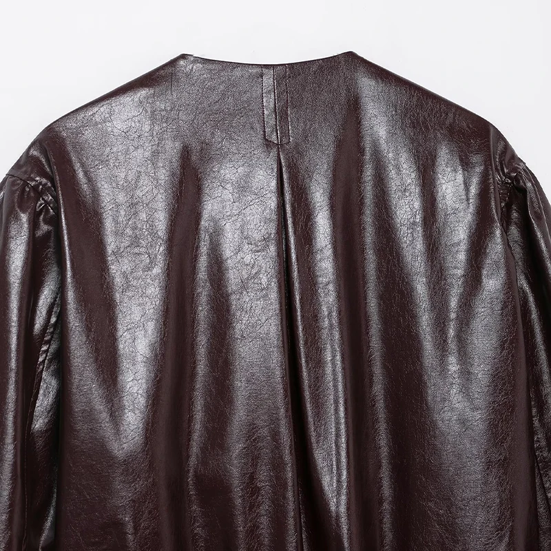 Willshela Women Fashion PU Coffee Single Breasted Jackets Vintage O-Neck Long Sleeves Female Chic Lady Outfits