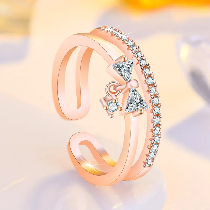 925 Silver Cute Bowknot Cubic Zirconia Statement Resizable Rings Women Girls Valentines Day Gift Fashion Jewelry Wholesale