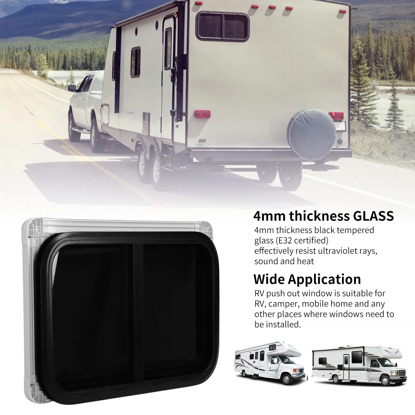 RV Window Rounded Slid  800x500mmm UV Resistant Tempered Glass with Insect Nets for   Trailer RV Slid Window