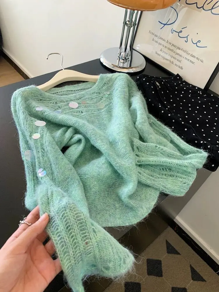 

Soft Spacious Women's Camere Sweater with Hollow out Sequin Design Comfortable Commute Sle Loose Fit Outerwear for Autumn
