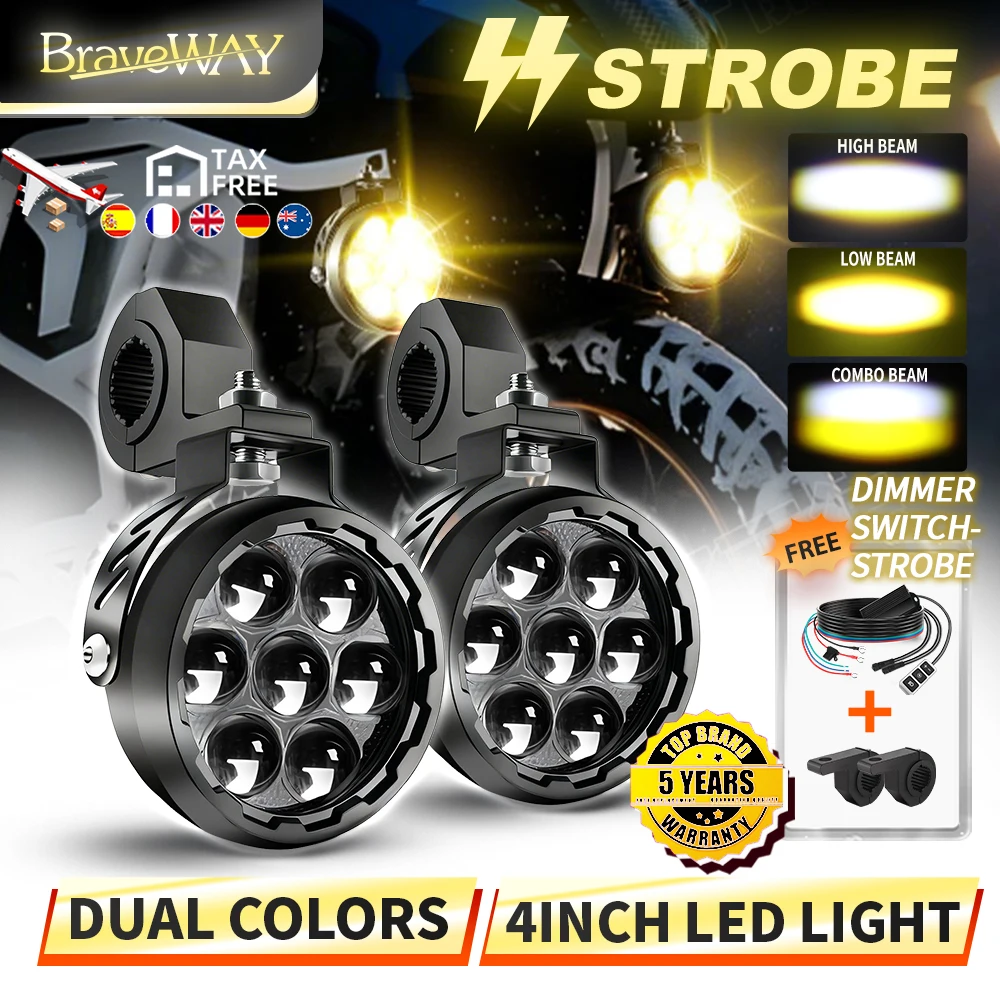 Braveway – projecteurs auxiliaires pour moto, 4 pouces, avec feux arrière d'avertissement à intensité variable, lumières ultra brillantes, clignotant, 12V, 24V