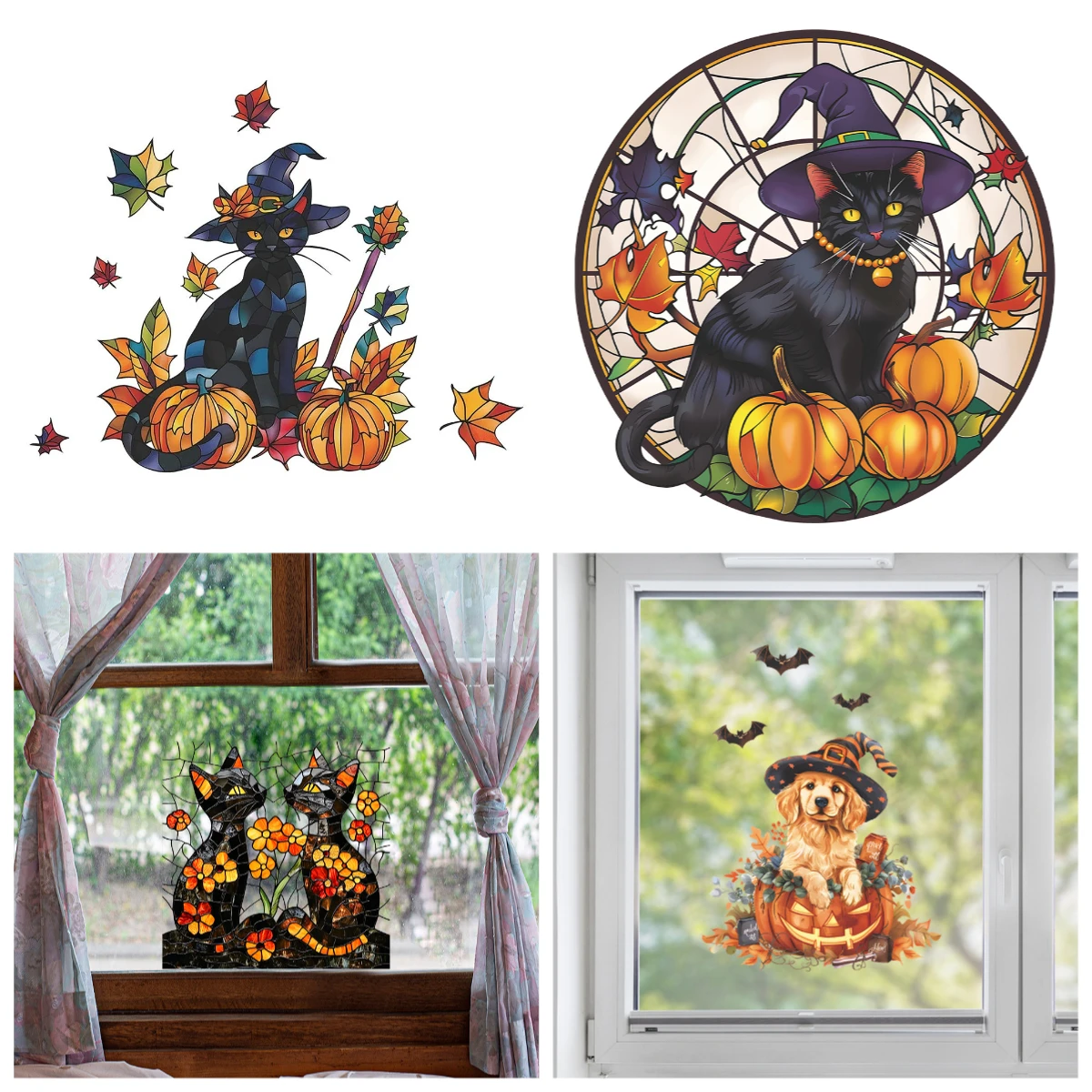 Halloween Cartoon Black Cat Pumpkin Maple Leaf Window Cling Stickers Static Cling Decoration 38x38cm