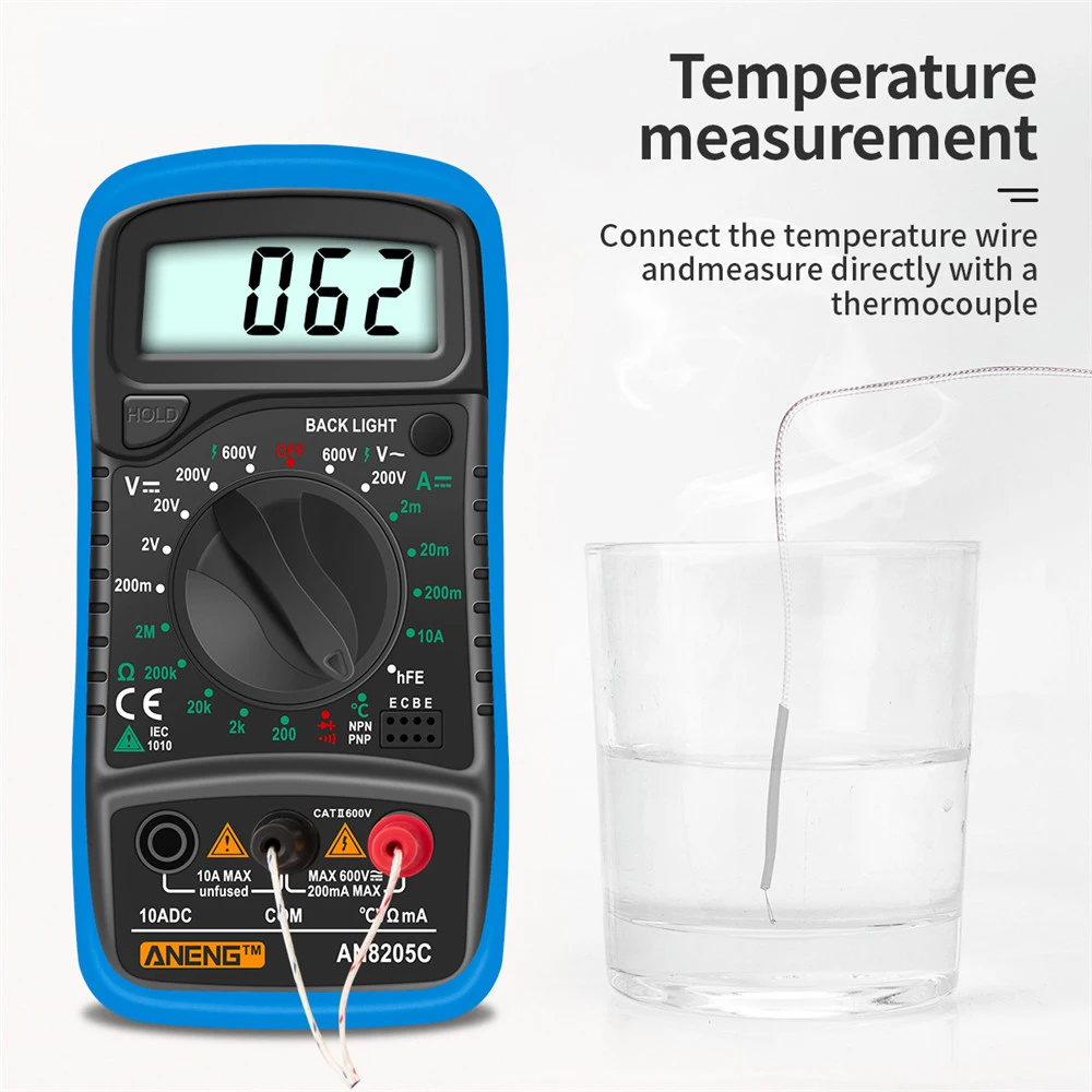 LCD Digital Multimeter AC/DC Ammeter Volt Ohm Test Meter AN8205C Profession Multimetro with Thermocouple Backlight Display