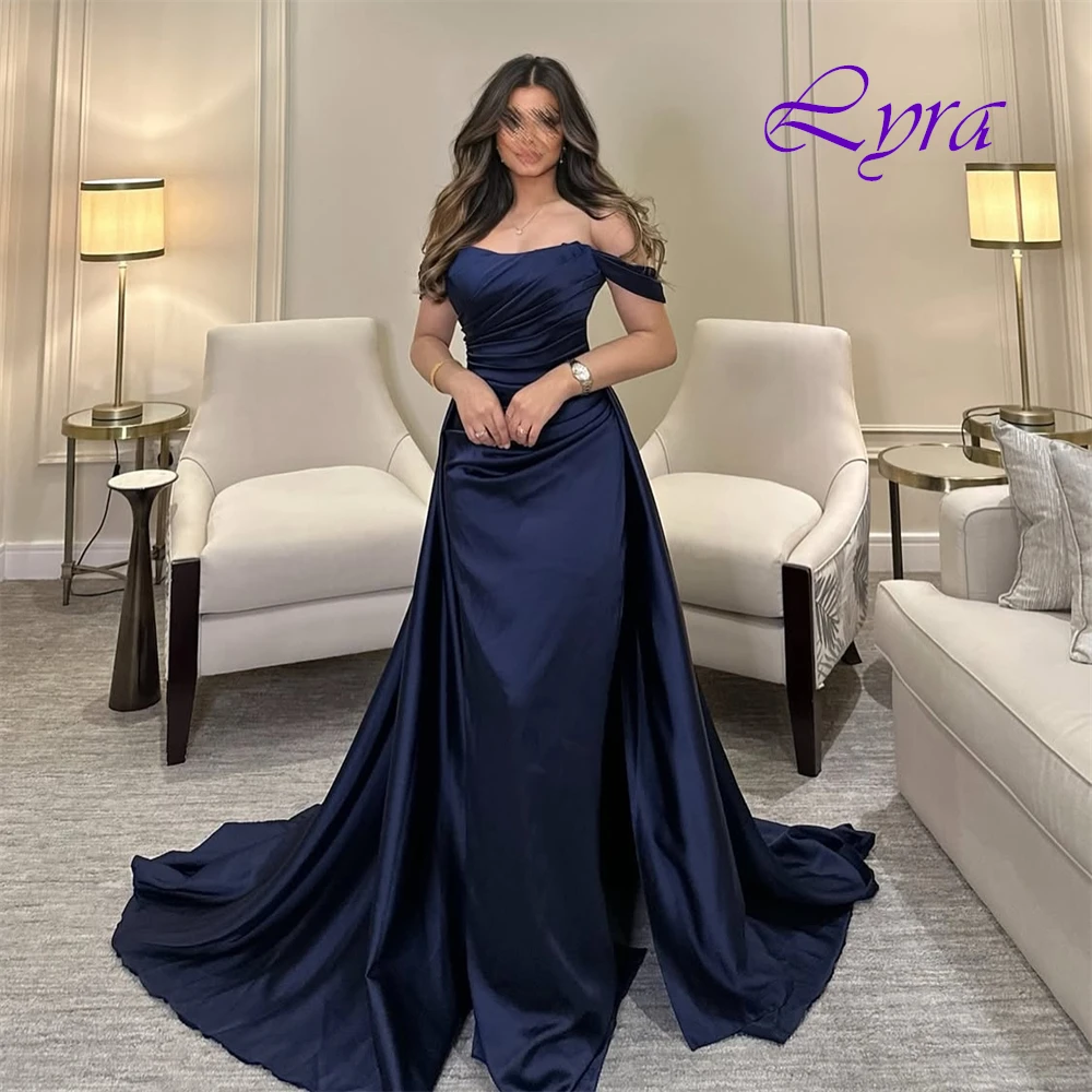 فستان سهرة أنيق مخصص برقبة قارب وأثواب مناسبة خاصة من الساتان الرائع وفساتين حفلة موسيقية بأكمام قصيرة رقيقة