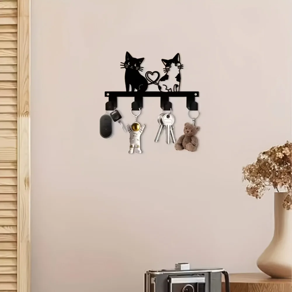 Durable Metal Heart Shape Key Holder, Black Aluminum Wall Art for Home Decor, Cute Cat Design Organizer for Keys Hats Indoor Out