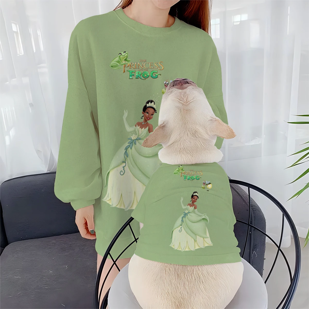 Disney Princess Tiana Print Women's Round Neck Parent-Child Dog Owner Matching Autumn and Winter Sweater Maltese Bichon Frise