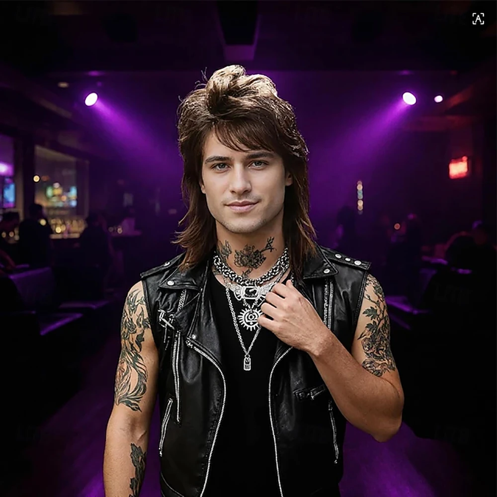 Synthetisches Haar Herren 80er Jahre Rock Mullet Perücke Braune Retro-Frisur für Cosplay Party Vintage Mode – Detail 5