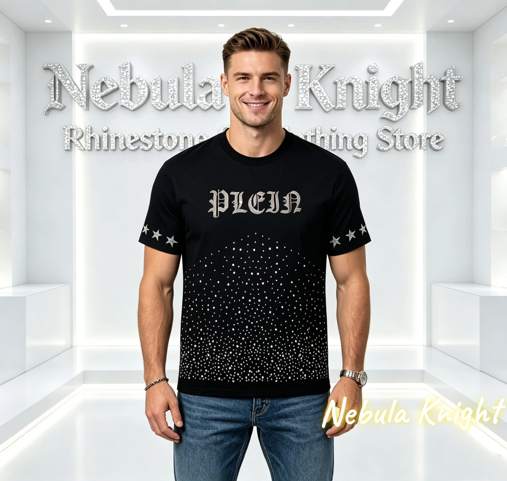 Men's Summer Rhinestone Studded Cotton Tee Breathable Short Sleeve Crew Neck Daily Casual Fashion Top for Walking