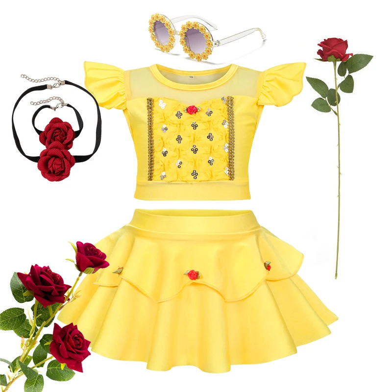 

Summer New Children's Belle Swimsuits Girls Flying sleeves Embroidery Flower Two-Piece Swimsuit 2-10Y Kids Sun-proof Surf Suits