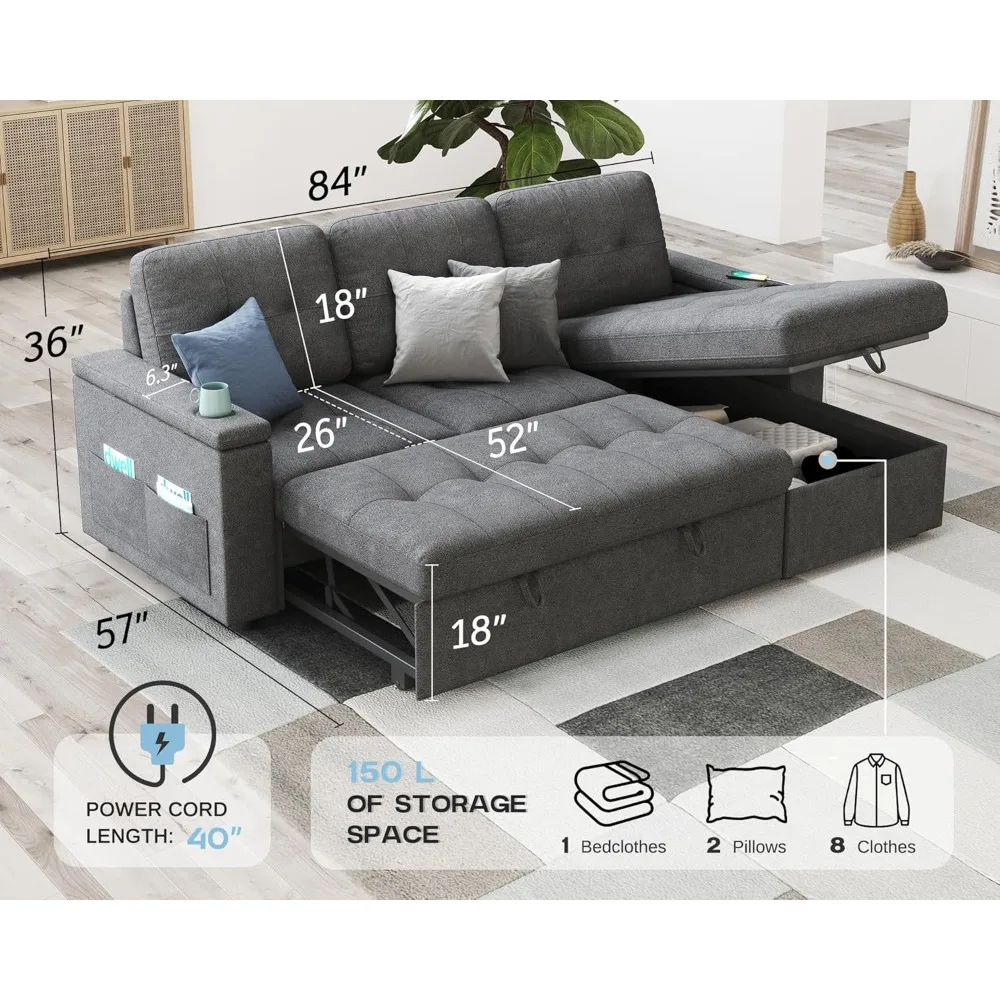 84 Inch Sofa Bed,Sleeper Sofa with 2 USB Sockets &Cup Holders,L Shaped Pull Out Couch Bed with Storage Chaise- living room sofas