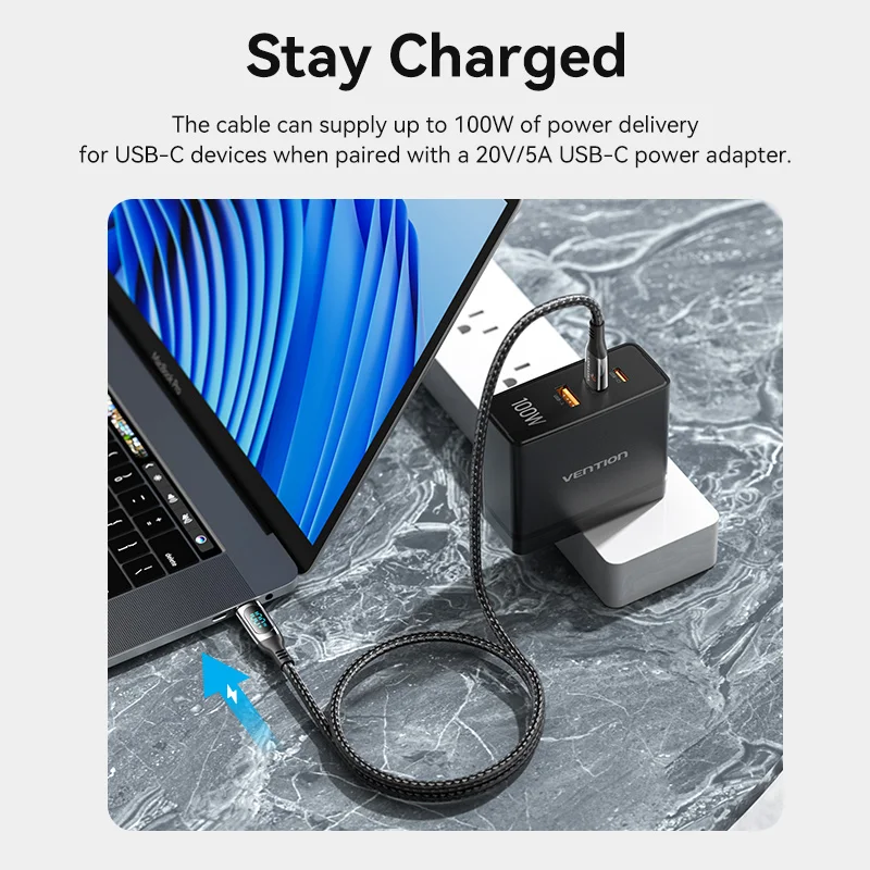 Vention PD 100W USB C to USB Type C Cable for Xiaomi MacBook Pro Samsung Fast Charging Charger Wire Cord With LED Display Cable