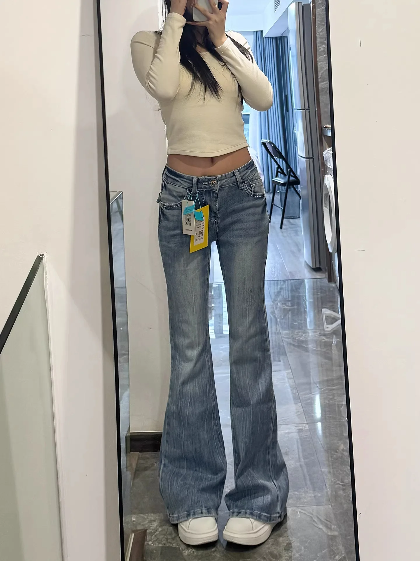 

Retro American Low Waist Bell Bottom Jeans Women's Slimming Washed Denim Ankle Length Pants Spring Cotton Soft Fit
