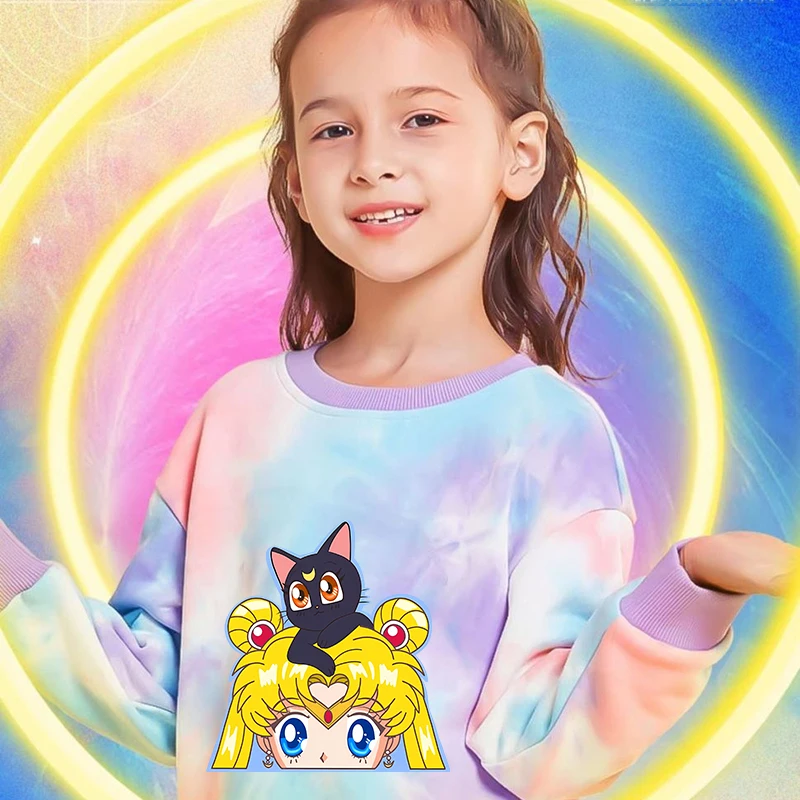 Sailor Moons for Girls Sweatshirt Clothes Anime Cartoon Kawaii Tie-dye Pullover Long Sleeve Birthday Party Holiday Child's Gifts