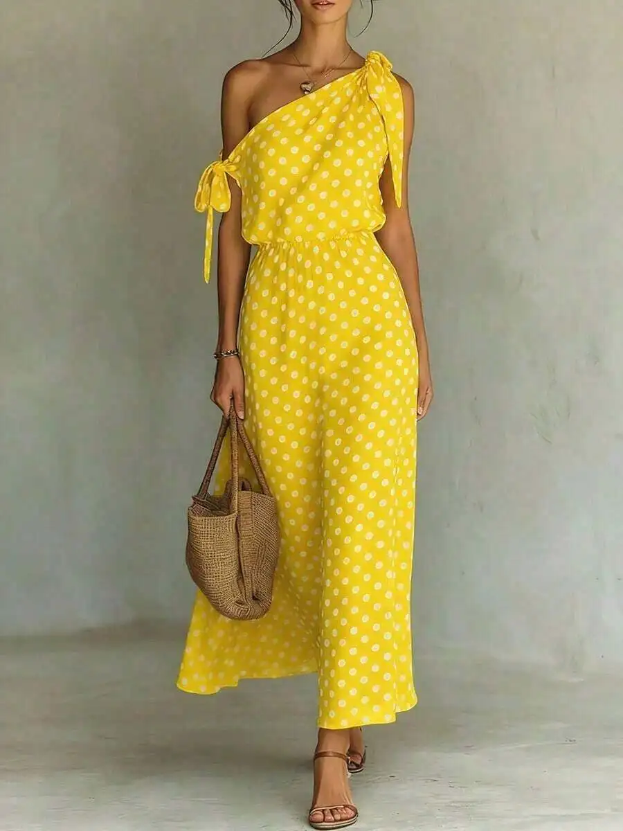 

Yellow Polka Dot Chiffon One Shoulder Maxi Dress For Summer Beach